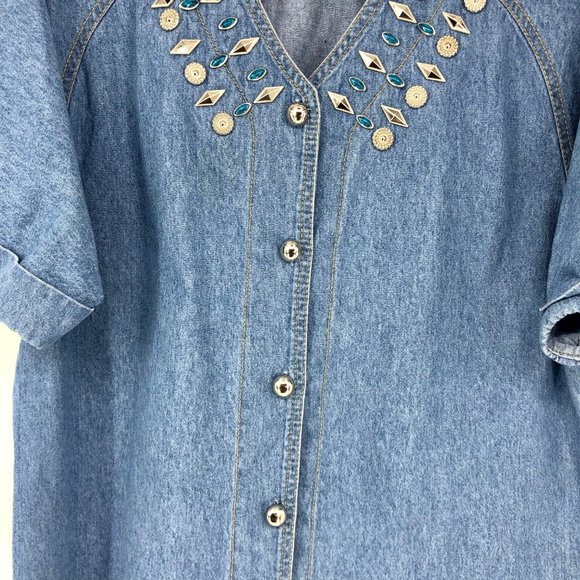 Vintage Denim Button Top Silver Turquoise 16 P - Picture 2 of 5